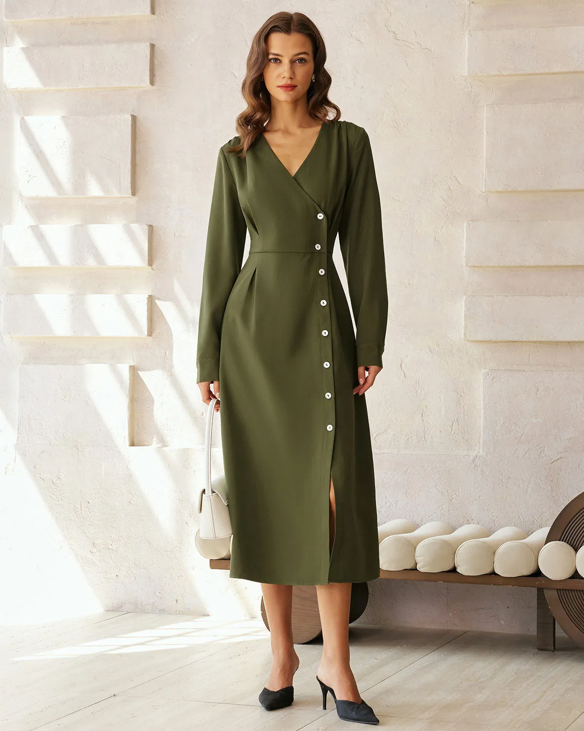 Green Ruched Button A-Line Maxi Dress sold by rihoas product image thumbnail 5