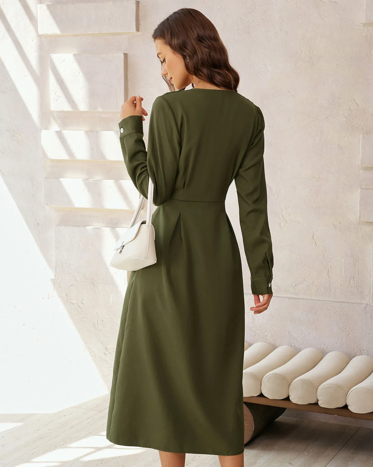 Green Ruched Button A-Line Maxi Dress sold by rihoas product image thumbnail 4