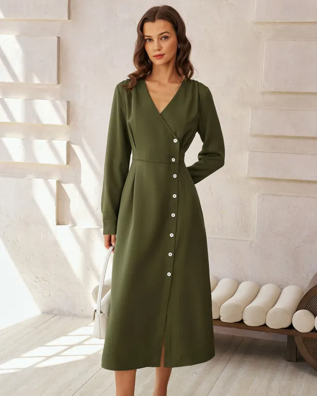Green Ruched Button A-Line Maxi Dress sold by rihoas