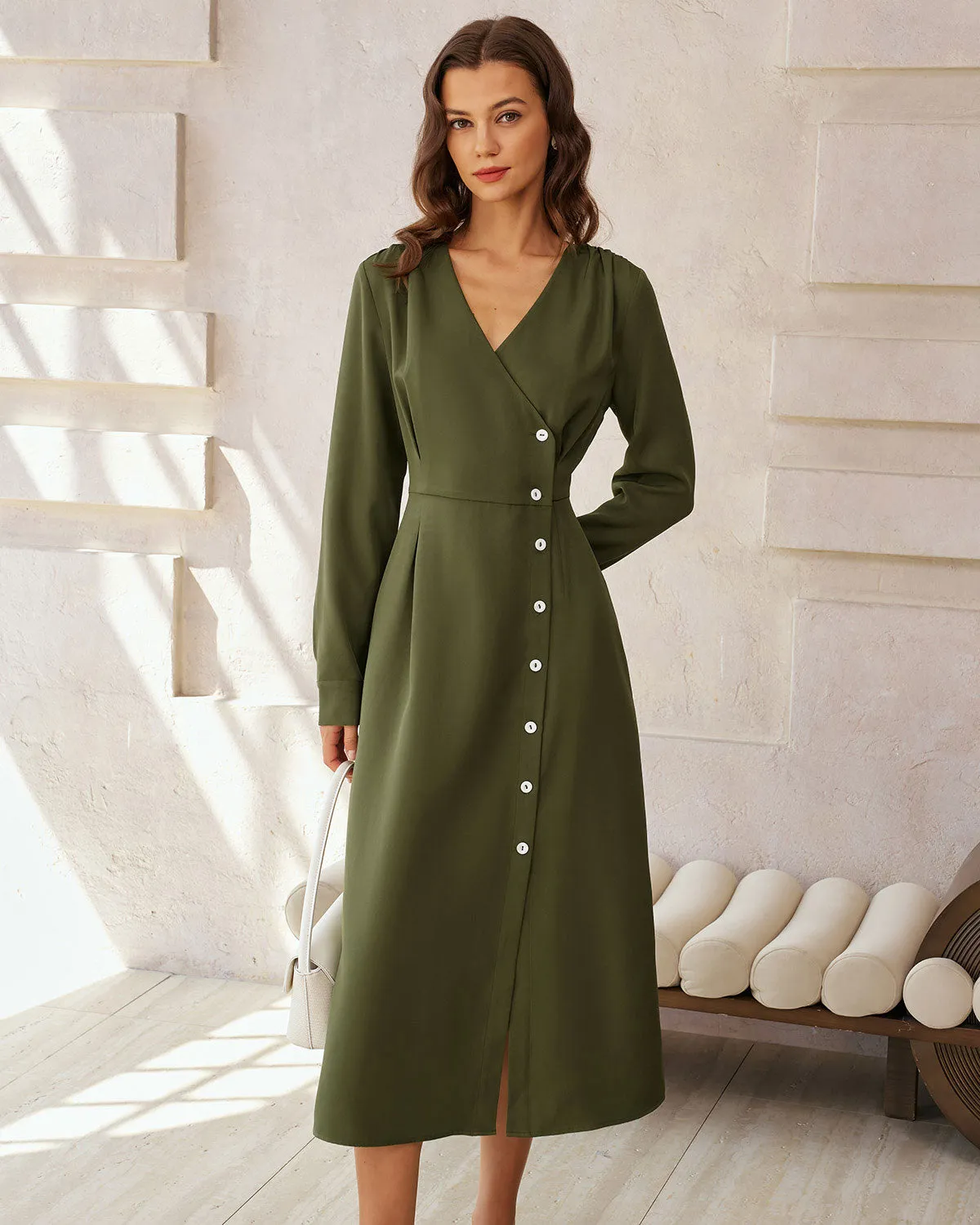 Green Ruched Button A-Line Maxi Dress sold by rihoas