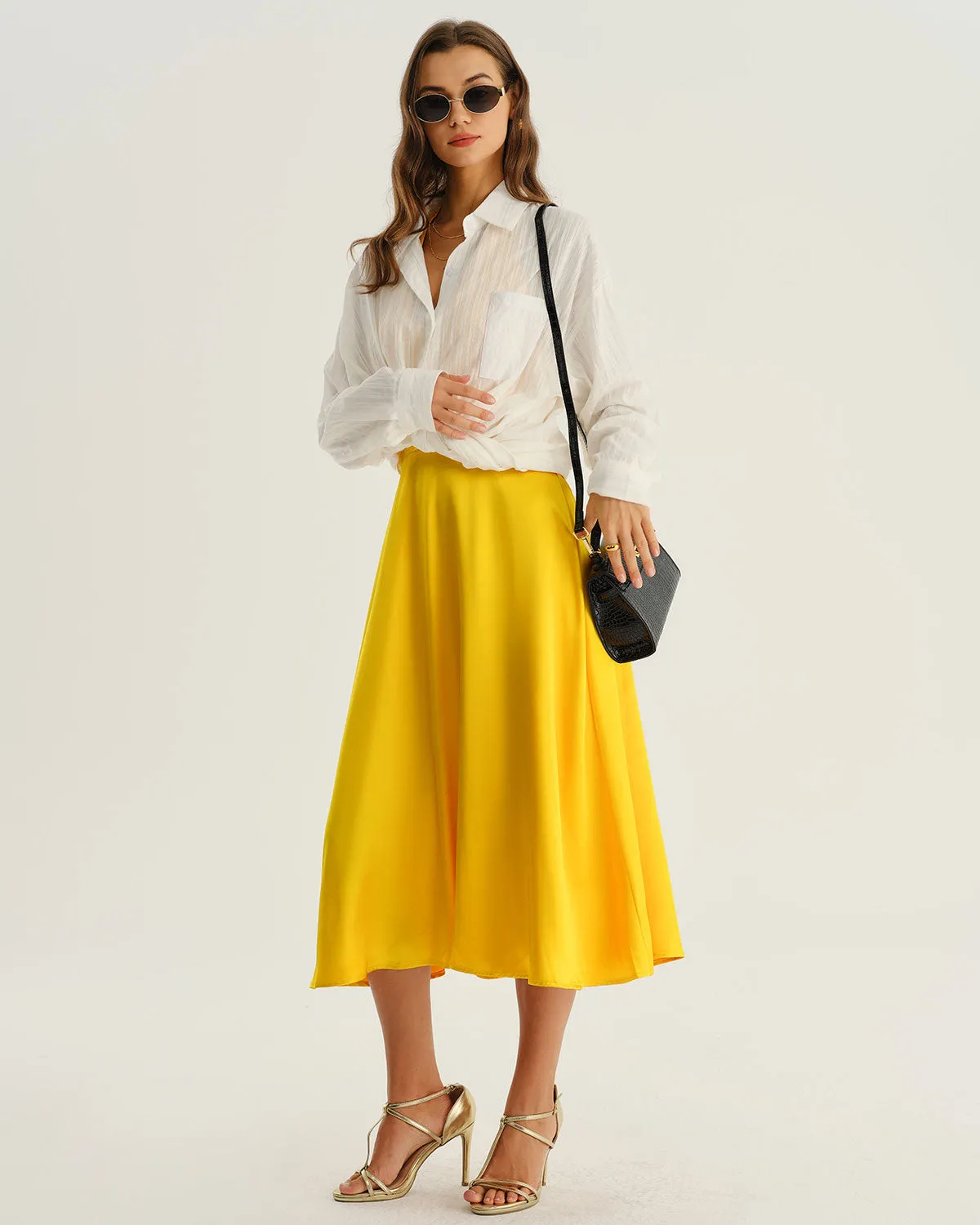 Yellow Satin A-Line Halter Midi Dress sold by rihoas product image thumbnail 4