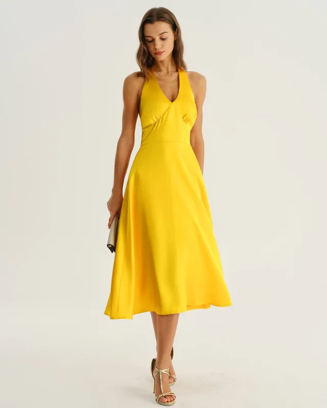 Yellow Satin A-Line Halter Midi Dress sold by rihoas