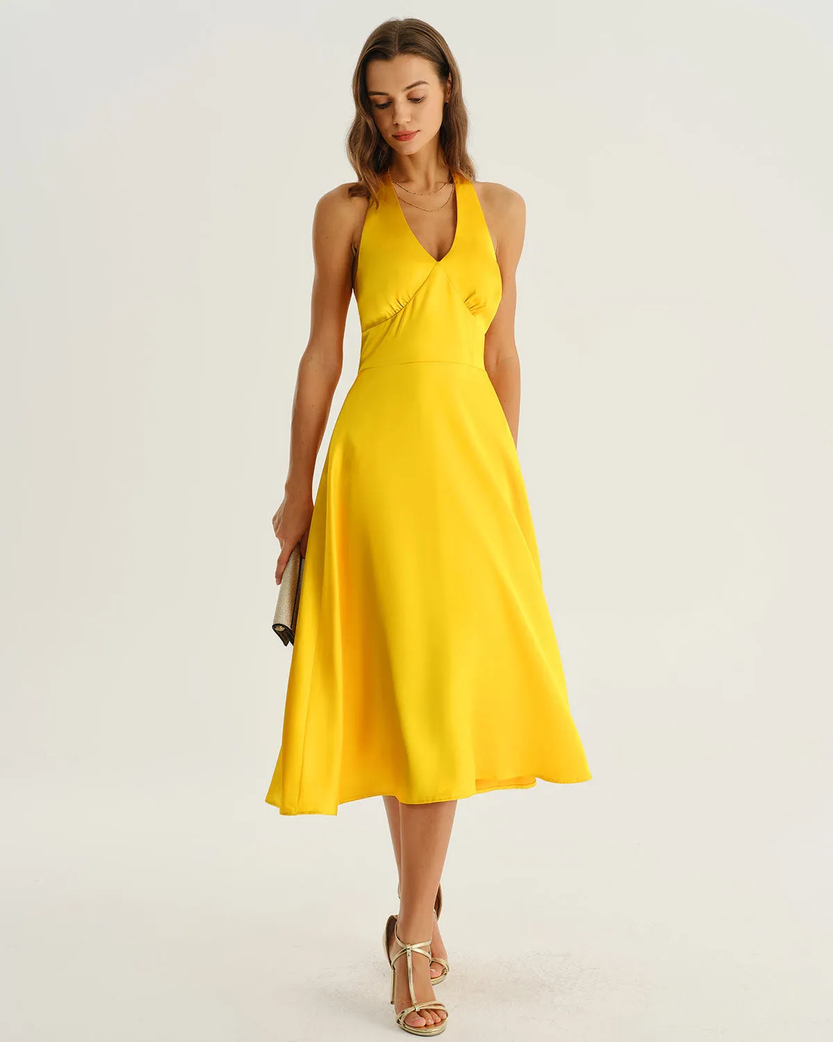 Yellow Satin A-Line Halter Midi Dress sold by rihoas