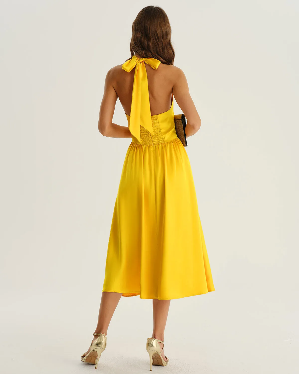 Yellow Satin A-Line Halter Midi Dress sold by rihoas product image thumbnail 3