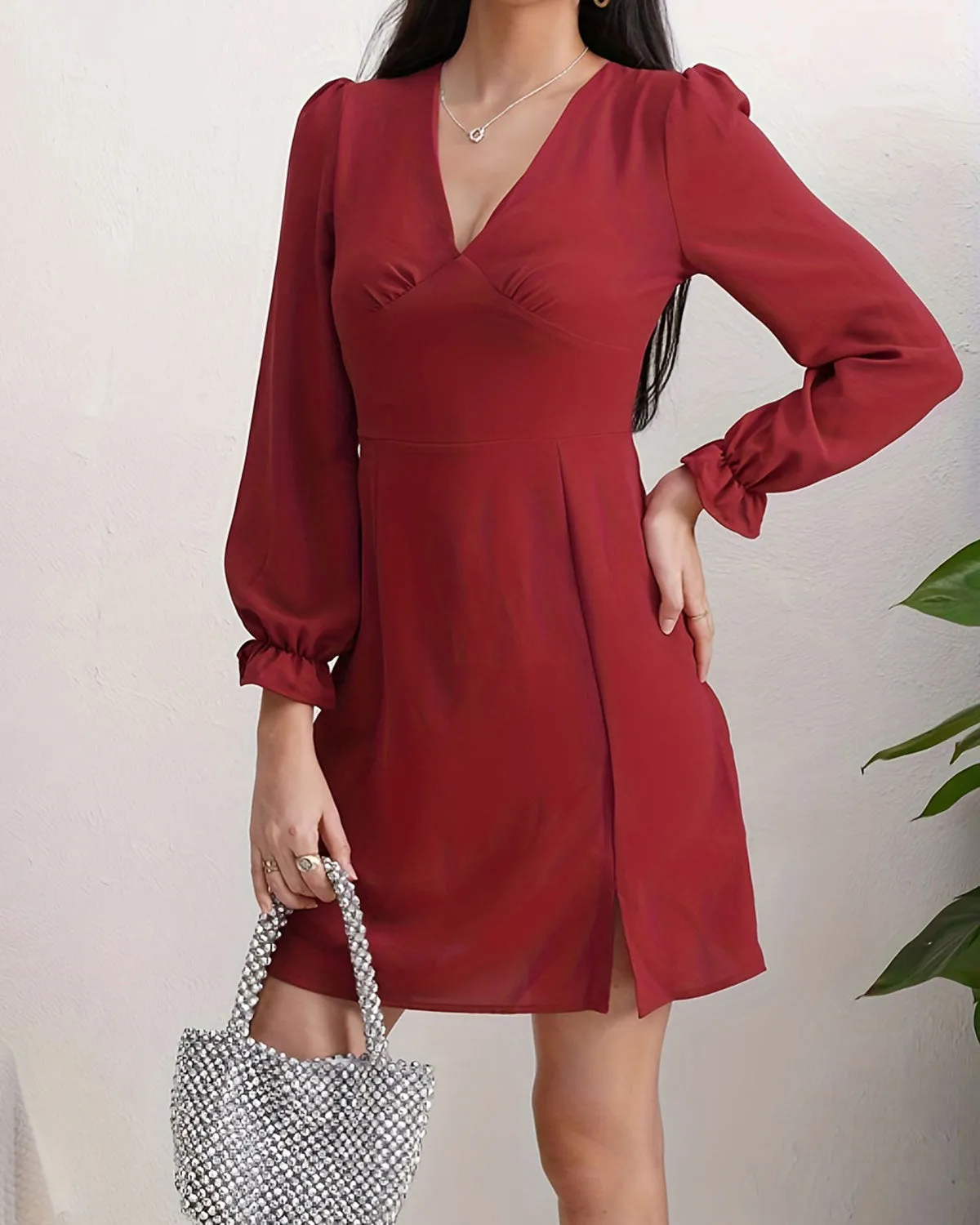 Red Poet Sleeve A-Line Mini Dress sold by rihoas product image thumbnail 3