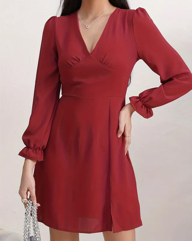 Red Poet Sleeve A-Line Mini Dress sold by rihoas