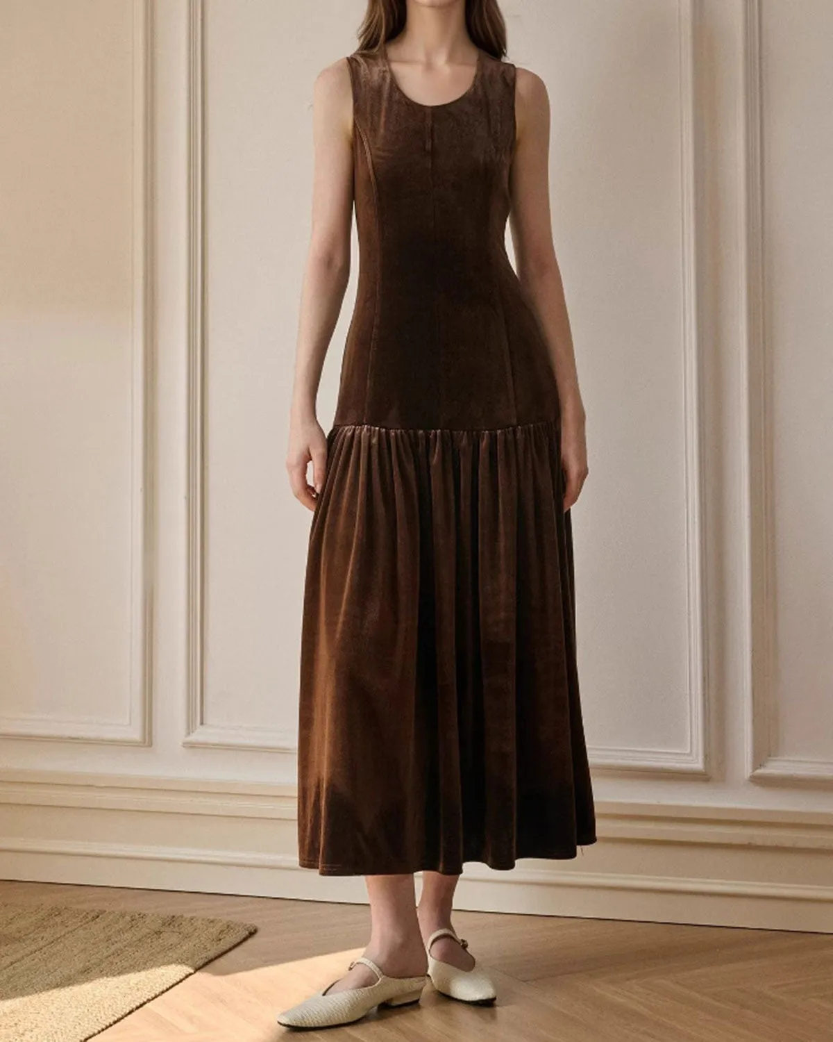 Coffee Velour A-Line Sleeveless Maxi Dress sold by rihoas