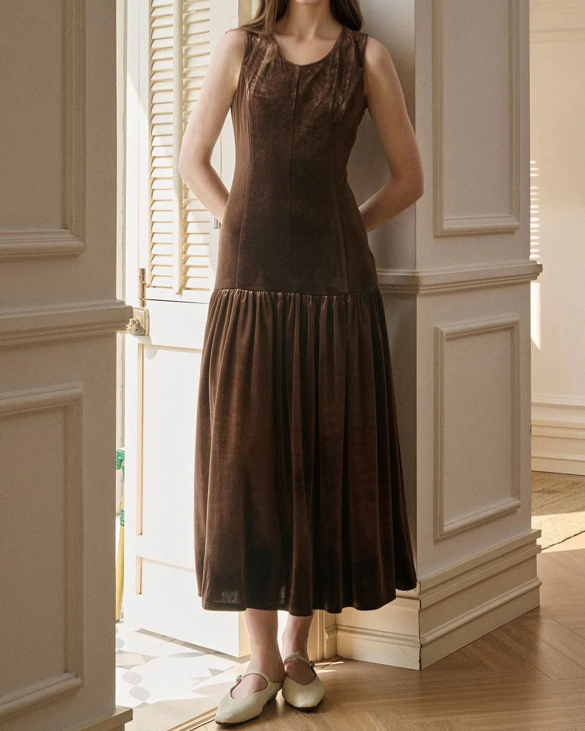 Coffee Velour A-Line Sleeveless Maxi Dress sold by rihoas product image thumbnail 3
