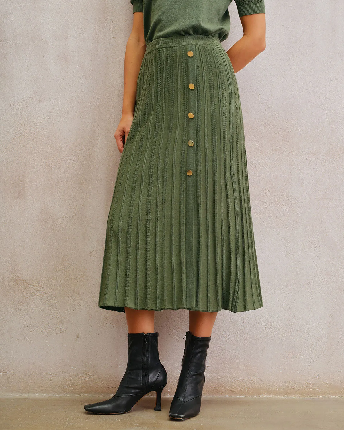 Green Natural Waisted Pleated Knit Midi Skirt sold by rihoas