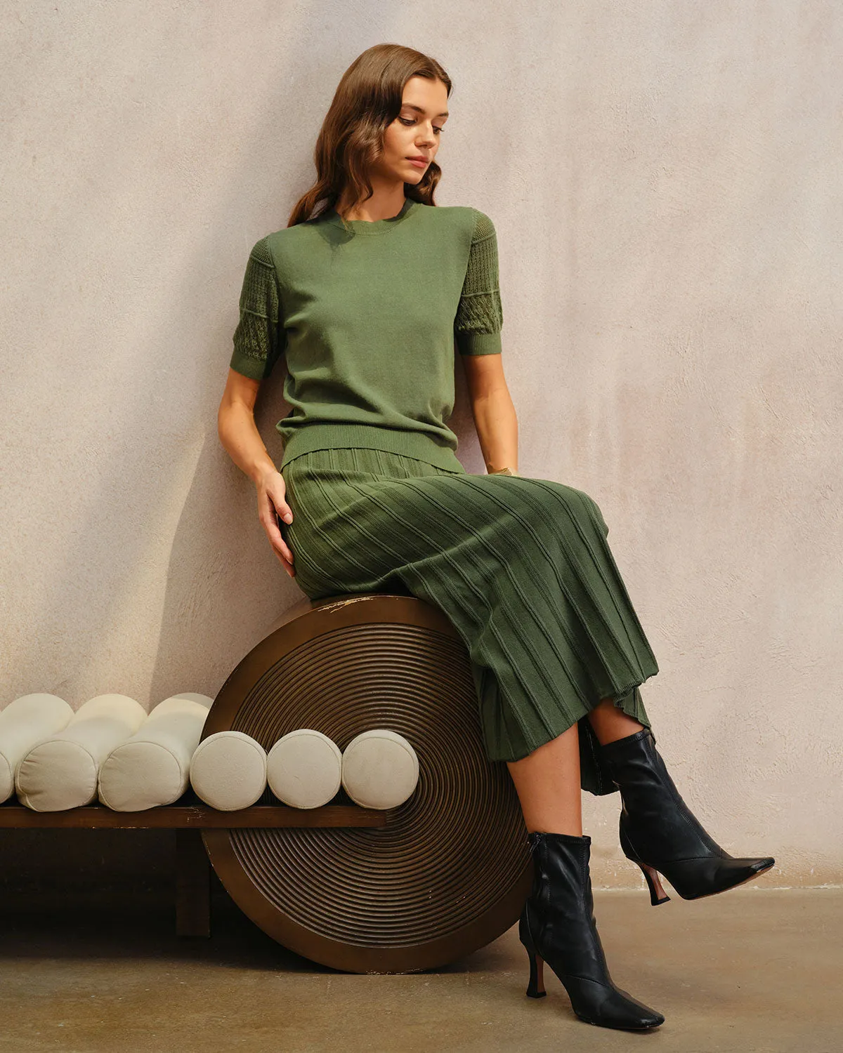 Green Natural Waisted Pleated Knit Midi Skirt sold by rihoas product image thumbnail 5