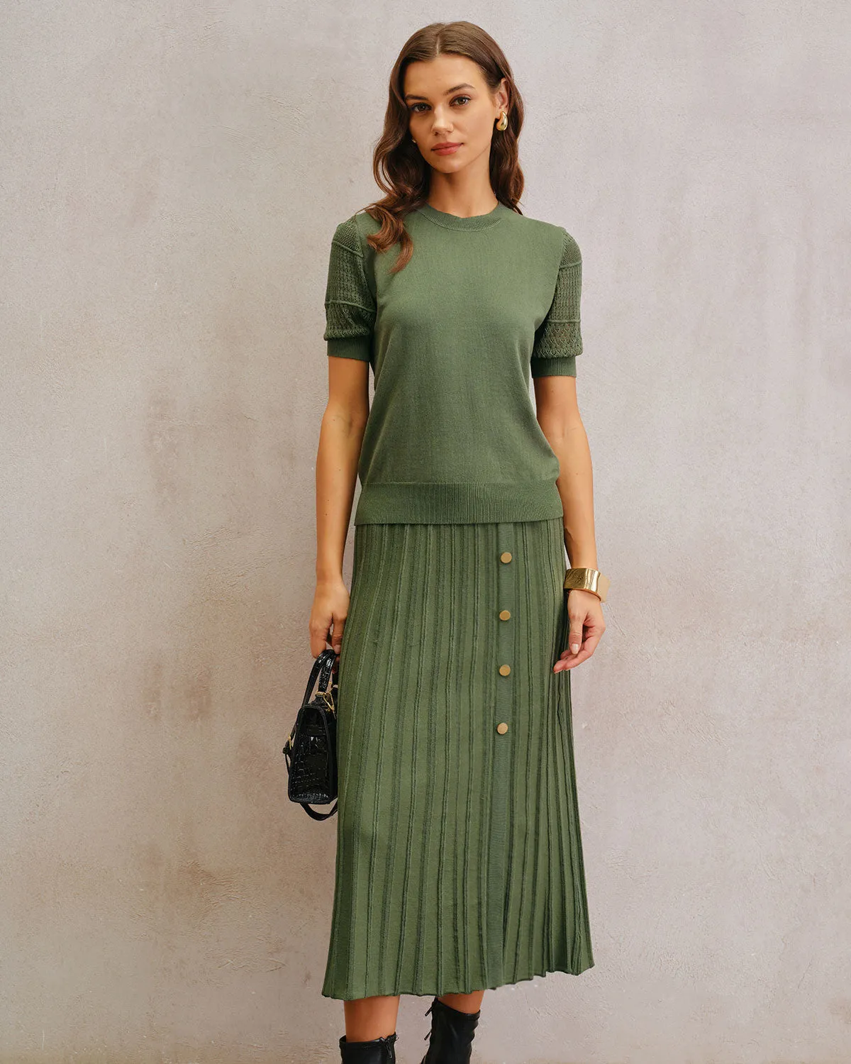 Green Natural Waisted Pleated Knit Midi Skirt sold by rihoas product image thumbnail 4