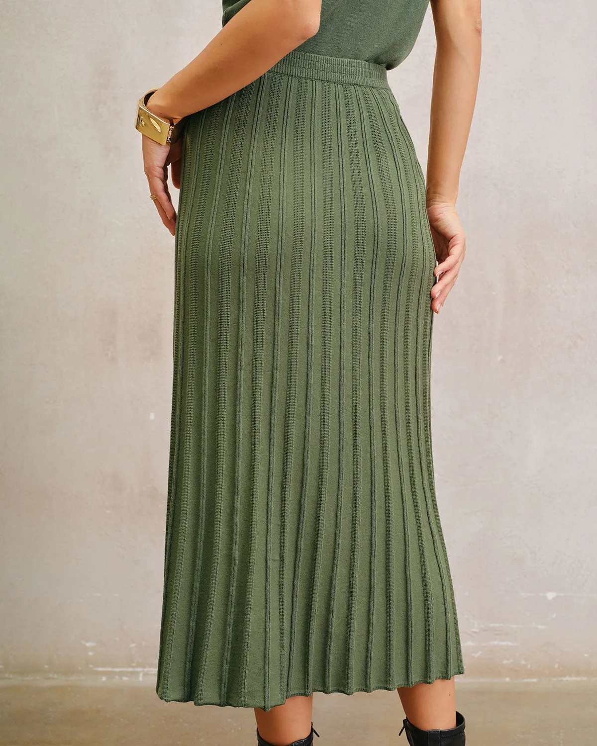 Green Natural Waisted Pleated Knit Midi Skirt sold by rihoas product image thumbnail 3