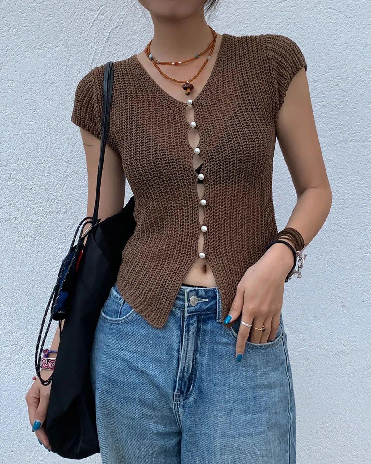 Brown V Neck Knit Cardigan sold by rihoas