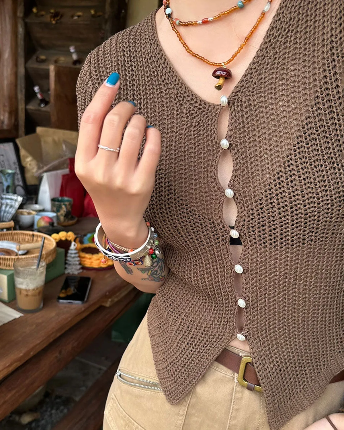 Brown V Neck Knit Cardigan sold by rihoas product image thumbnail 3