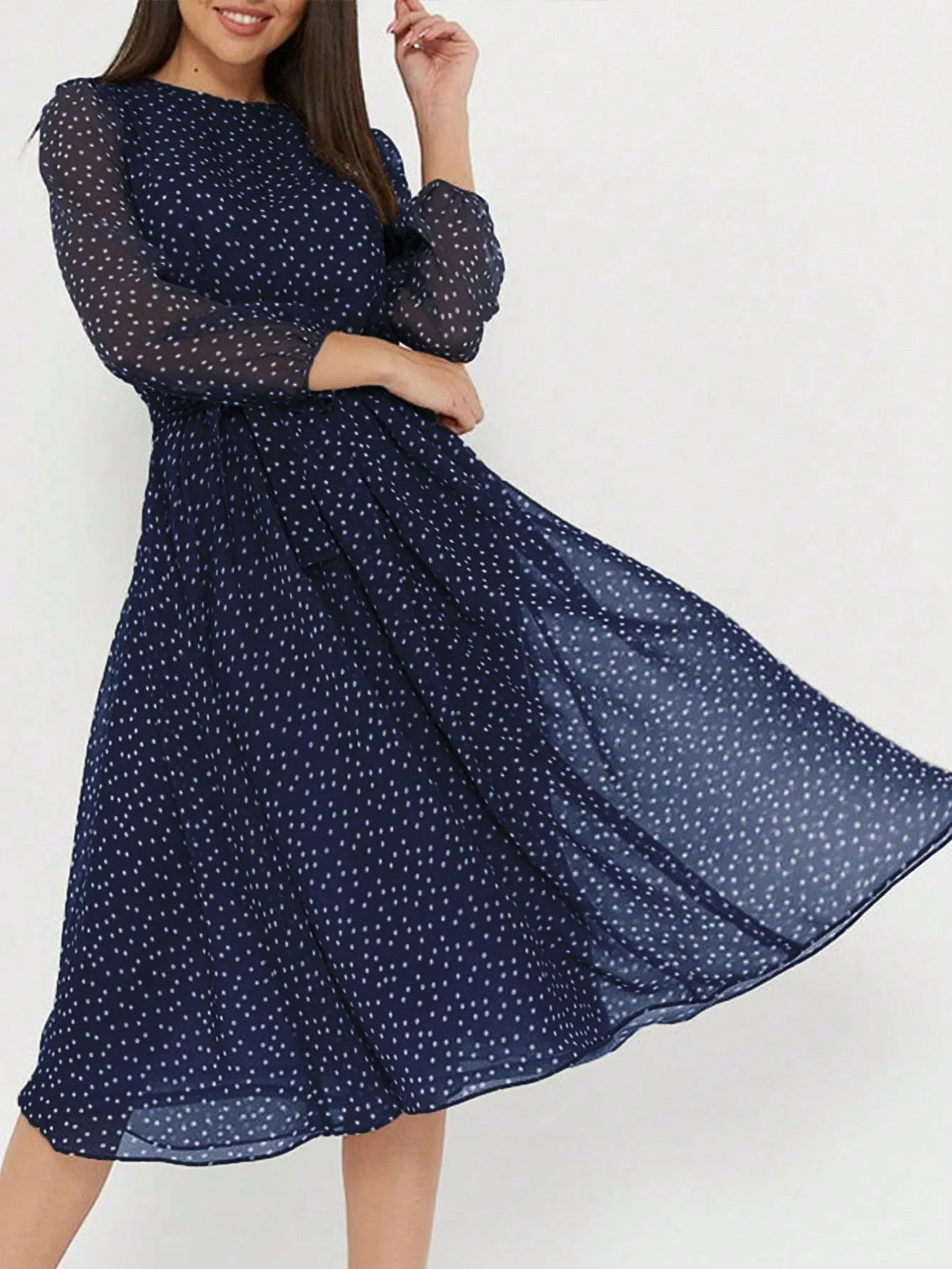 Blue Polka Dot A-Line Midi Dress sold by rihoas