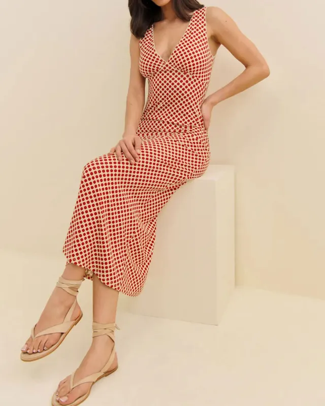 Red Polka Dot Sleeveless Maxi Dress sold by rihoas