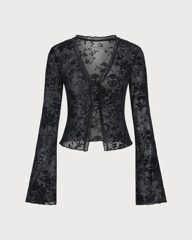 Black V Neck See-through Cardigan sold by rihoas