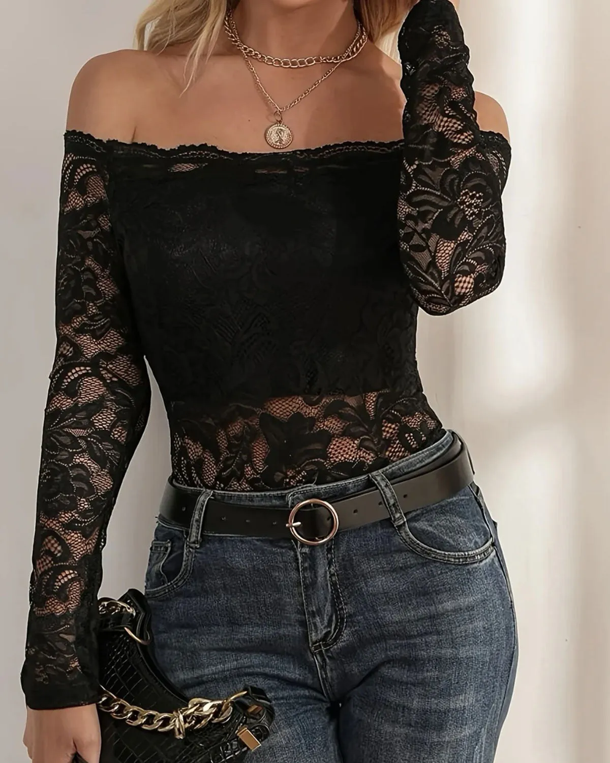 Black Lace Off The Shoulder Tee sold by rihoas product image thumbnail 2