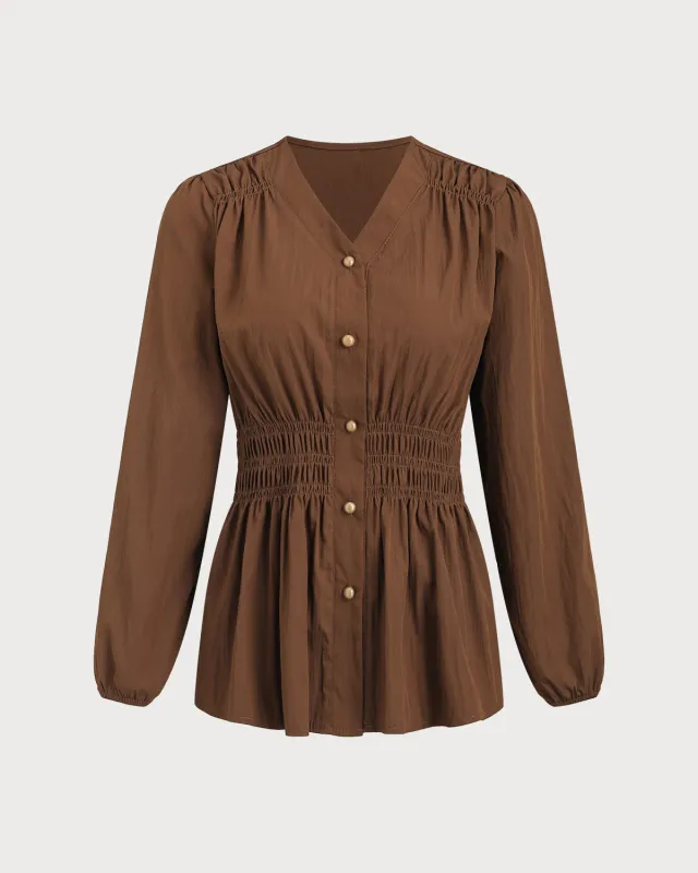 Brown Lantern Sleeve Shirred Shirt sold by rihoas