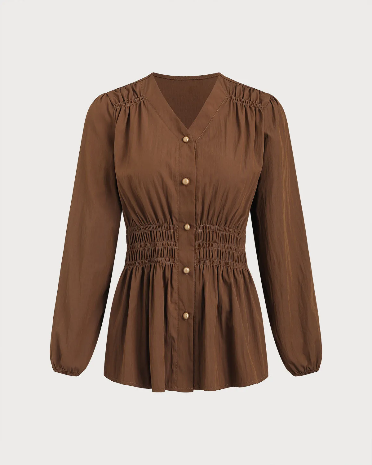 Brown Lantern Sleeve Shirred Shirt sold by rihoas