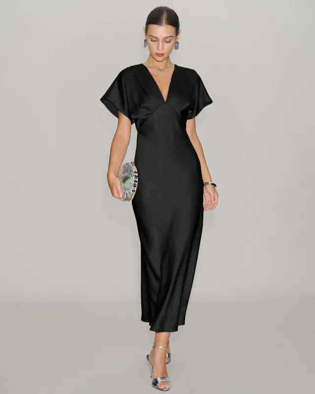 Black Satin V Neck Cowl Sleeve Midi Dress sold by rihoas