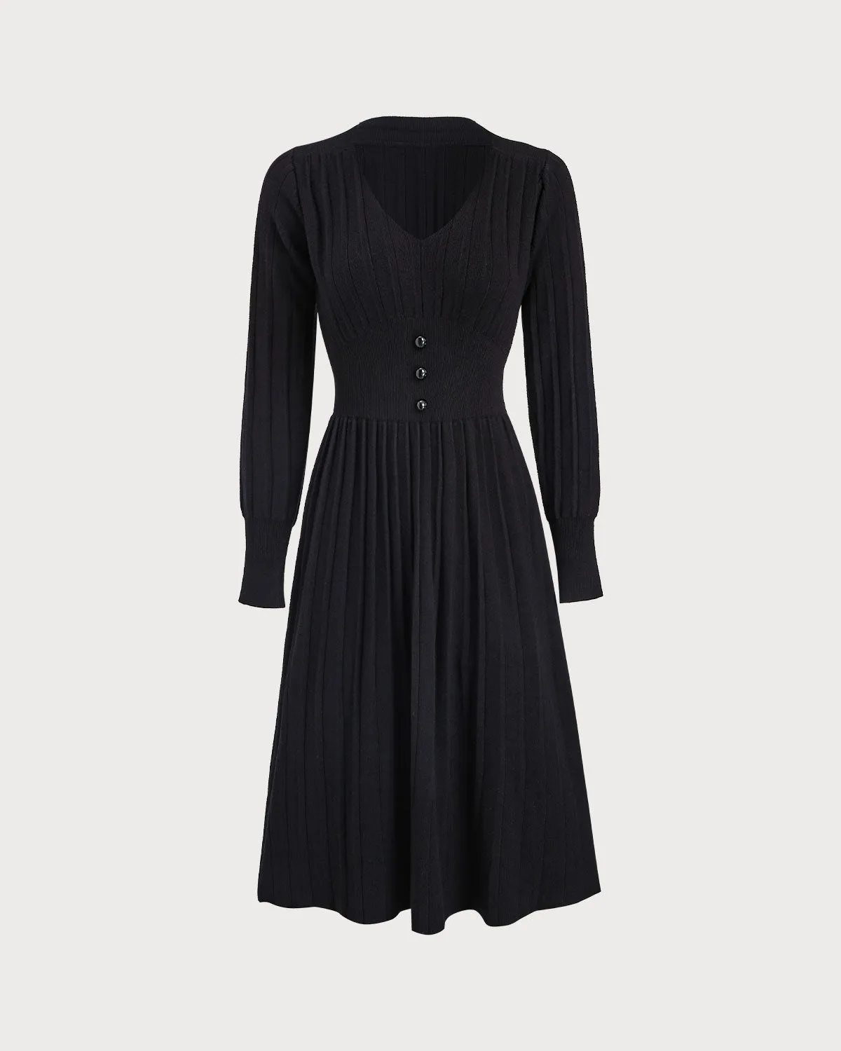 Black V Neck Button Ribbed Sweater Dress sold by rihoas