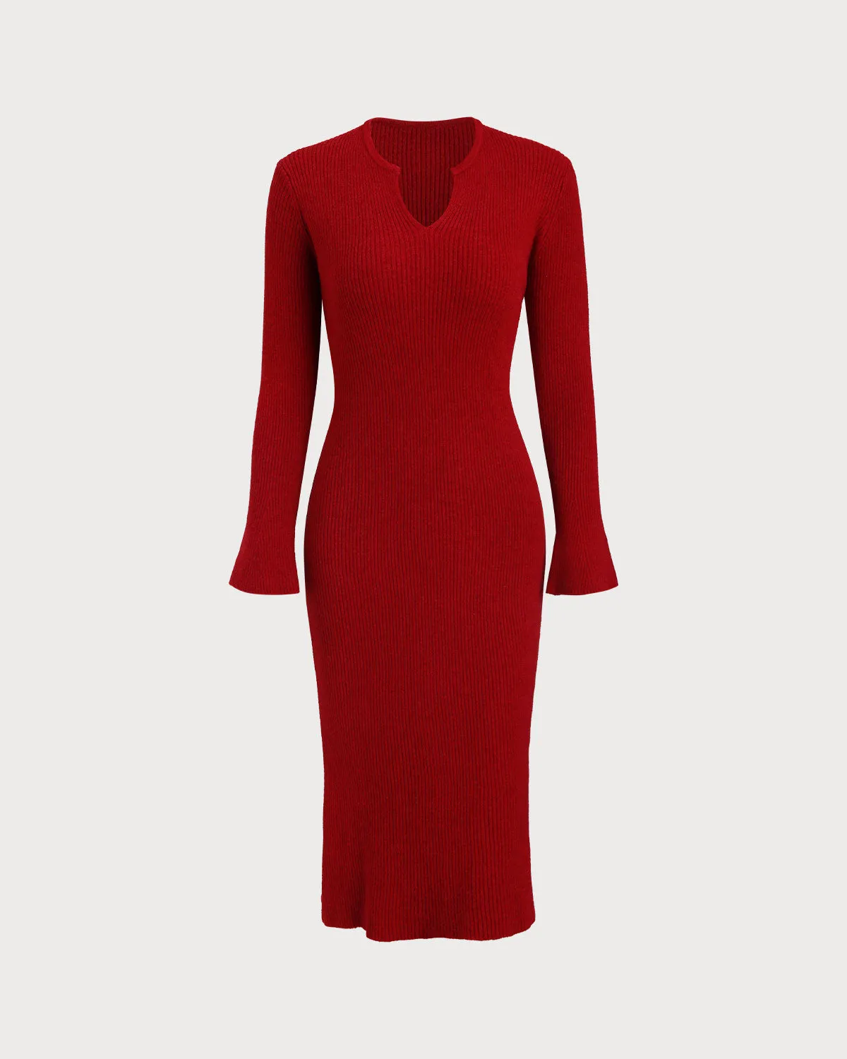 Red V Neck Ribbed Sweater Dress sold by rihoas