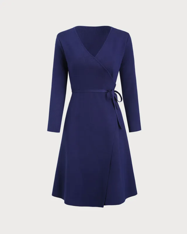 Navy V Neck Wrap Sweater Dress sold by rihoas