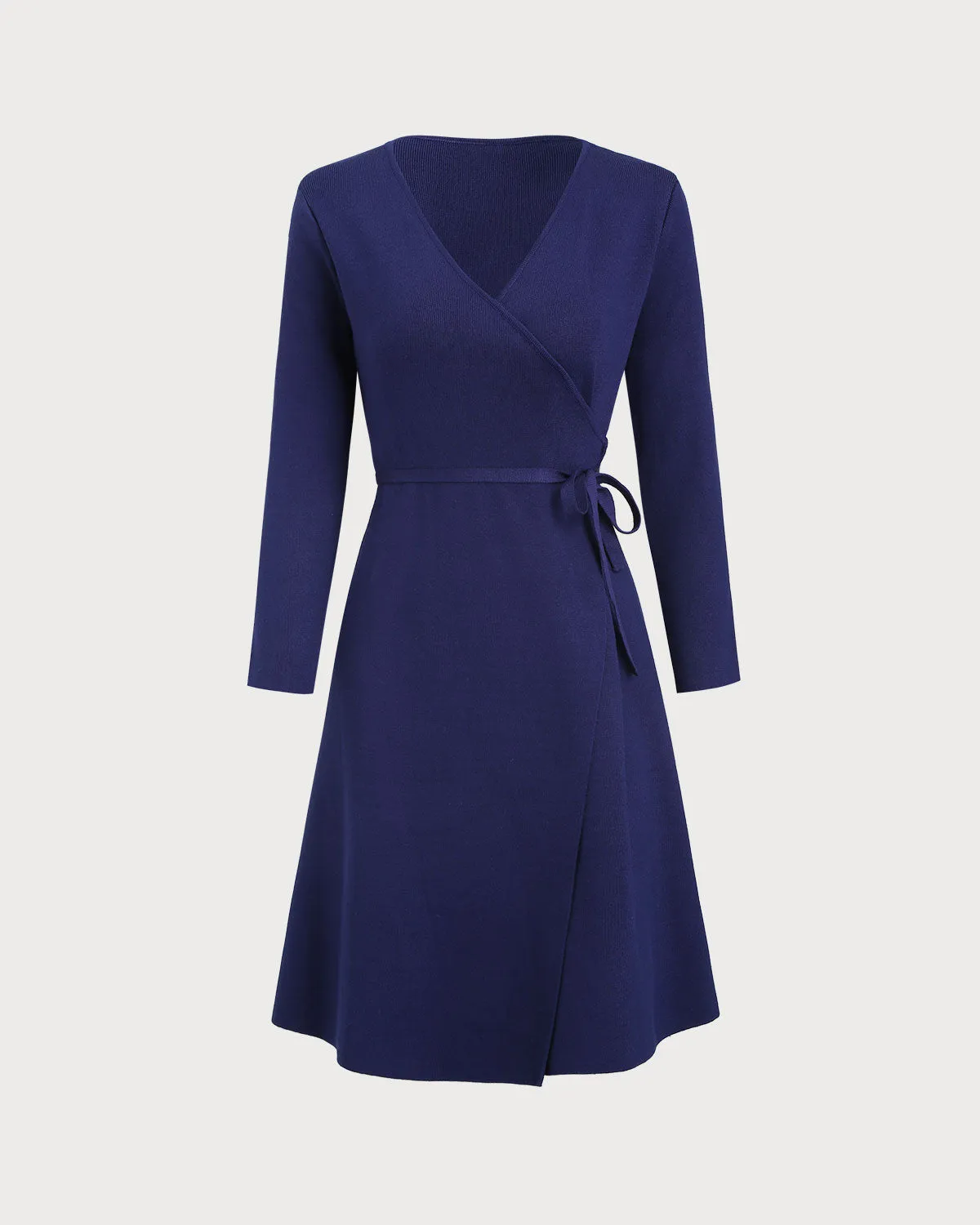 Navy V Neck Wrap Sweater Dress sold by rihoas