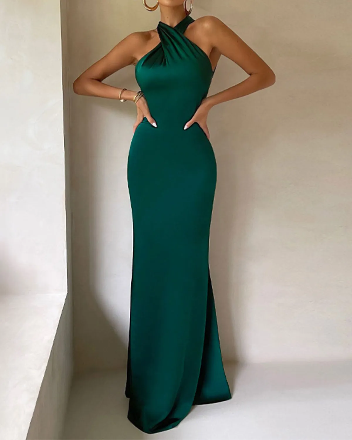 Green Satin Halter Maxi Dress sold by rihoas product image thumbnail 3