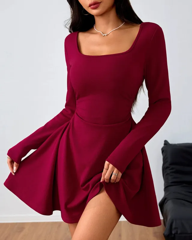 Wine Red Square Neck A-Line Mini Dress sold by rihoas