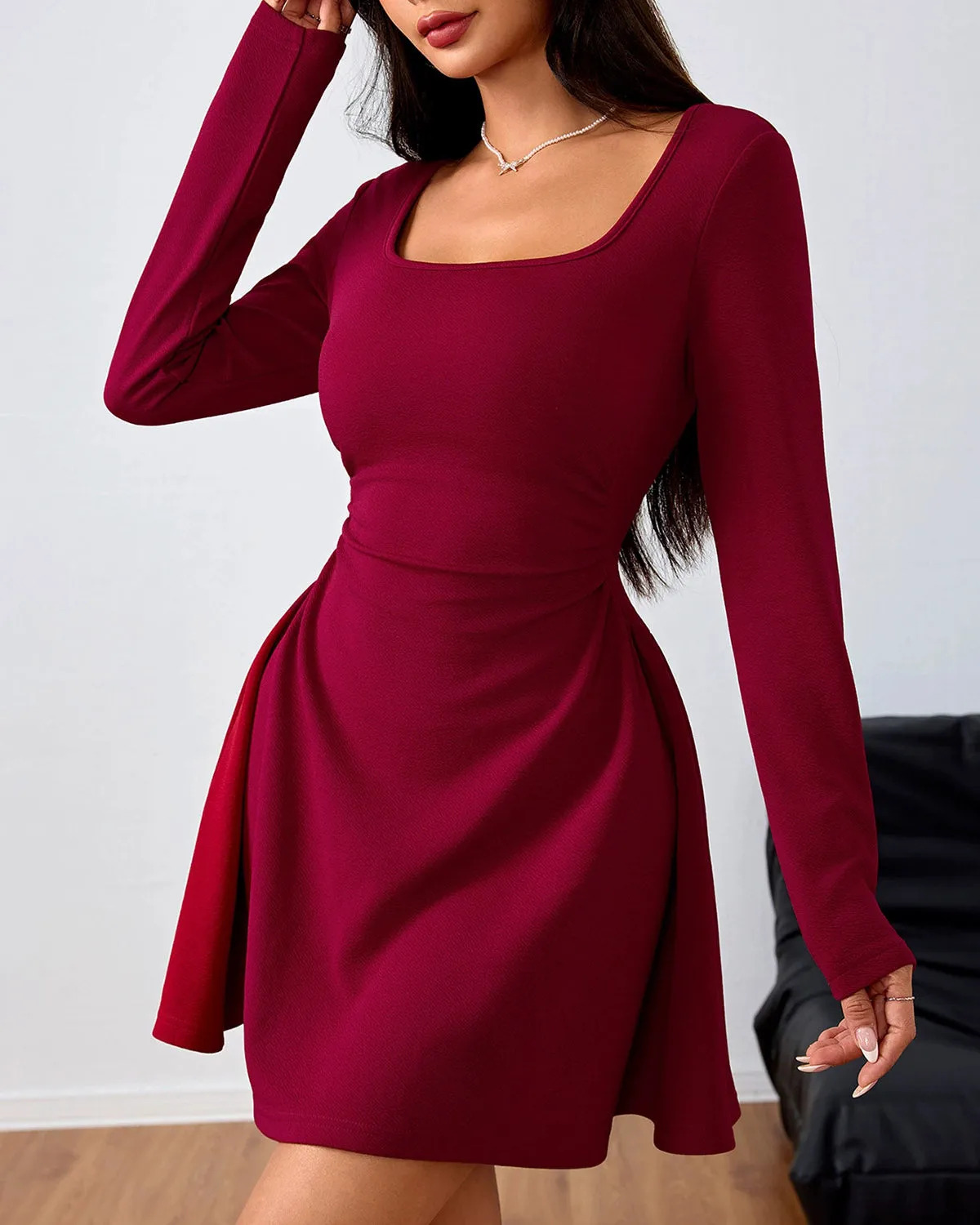 Wine Red Square Neck A-Line Mini Dress sold by rihoas product image thumbnail 2