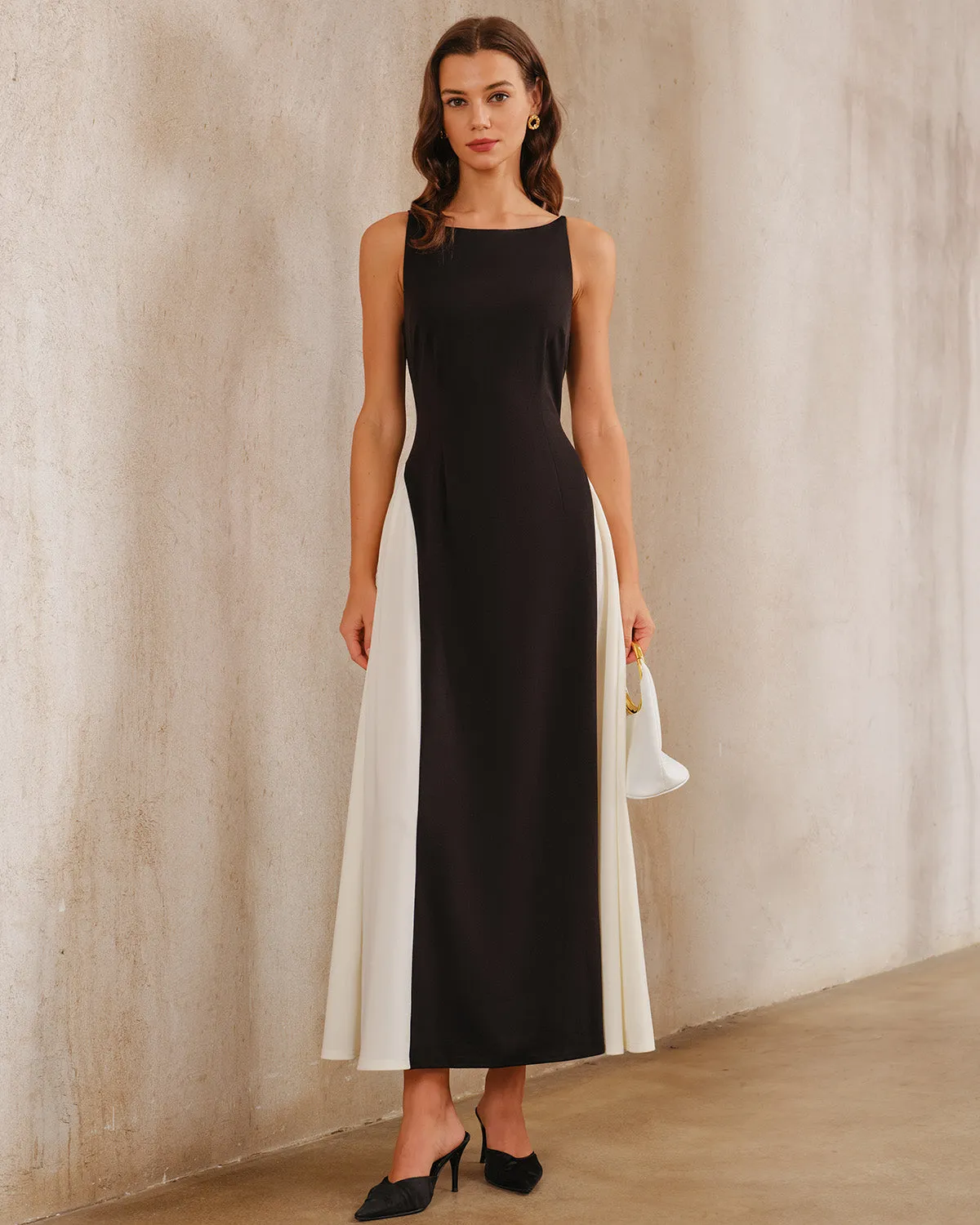 Black Contrasting Boat Neck A-Line Maxi Dress sold by rihoas product image thumbnail 3