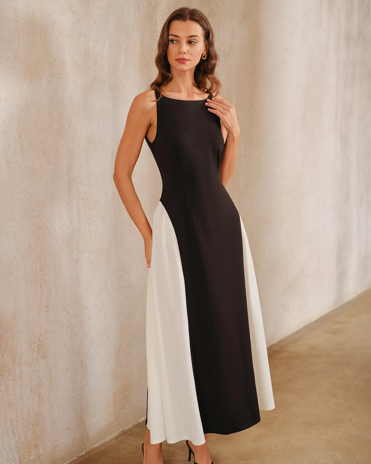 Black Contrasting Boat Neck A-Line Maxi Dress sold by rihoas