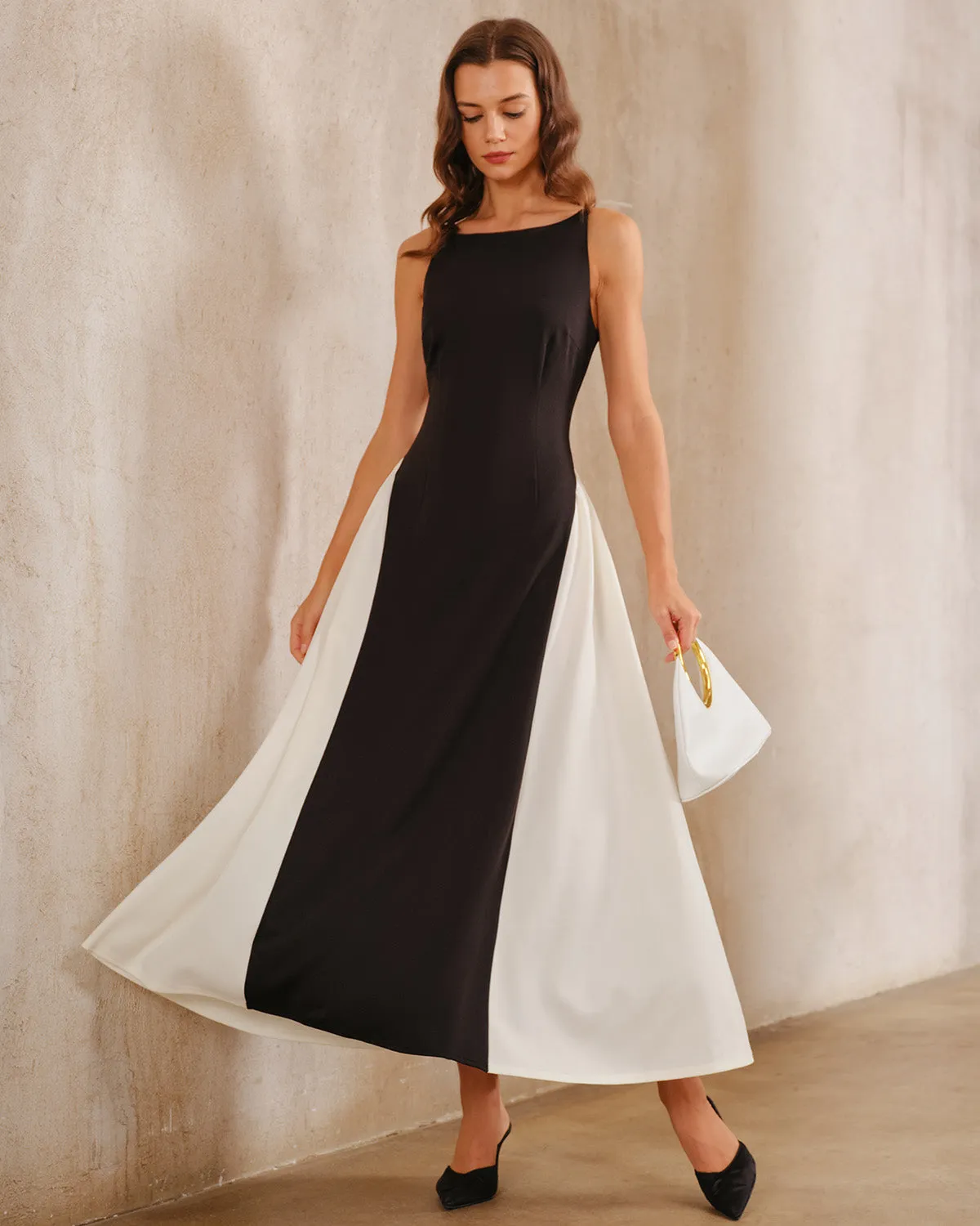 Black Contrasting Boat Neck A-Line Maxi Dress sold by rihoas product image thumbnail 4
