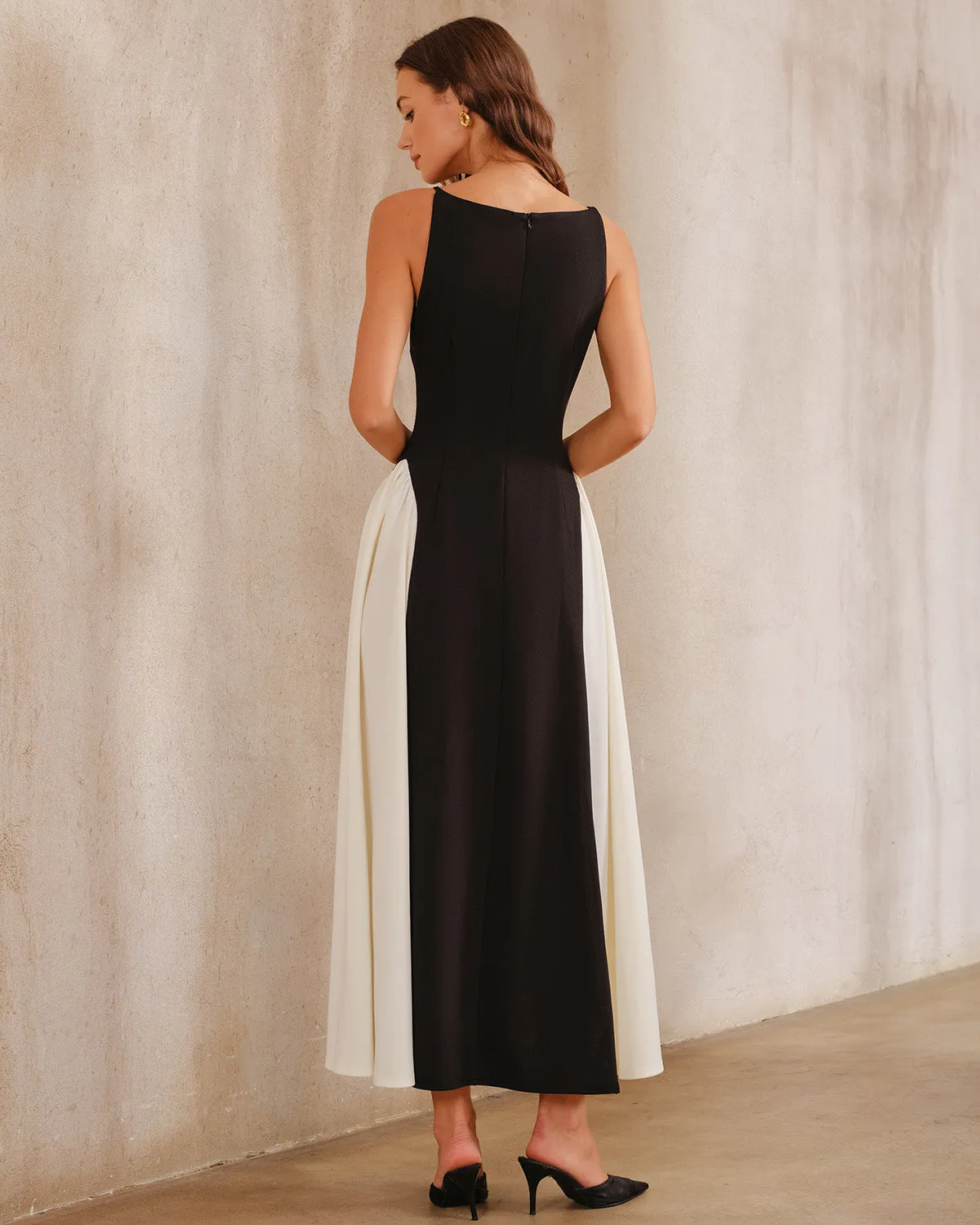 Black Contrasting Boat Neck A-Line Maxi Dress sold by rihoas product image thumbnail 5