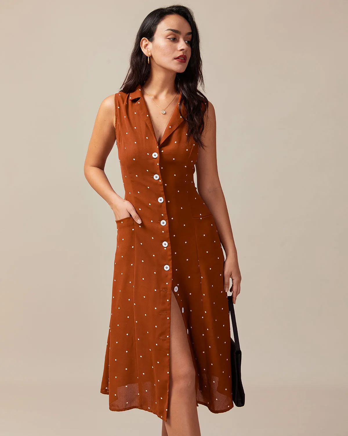 Brown Polka Dot Sleeveless Midi Dress sold by rihoas