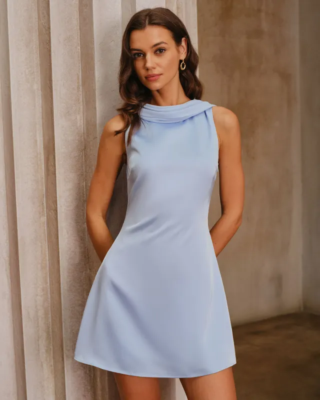 Blue Satin Cowl Neck Backless Mini Dress sold by rihoas