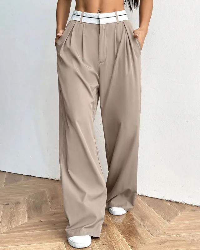 Khaki Contrasting Straight Casual Pants sold by rihoas