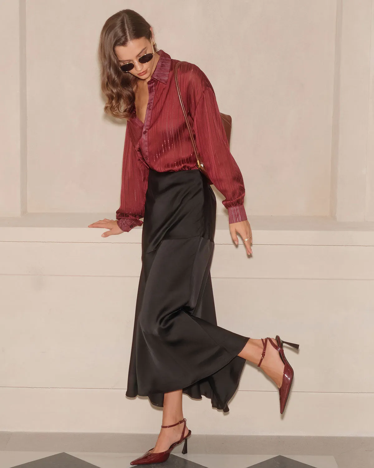 Wine Red Sparkly Loose Shirt sold by rihoas product image thumbnail 4