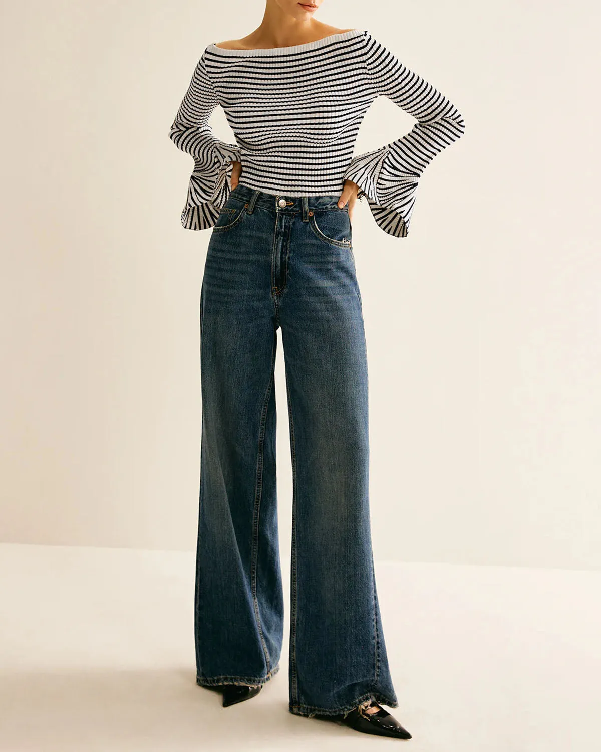 Black Striped Bell Sleeve Tee sold by rihoas product image thumbnail 5