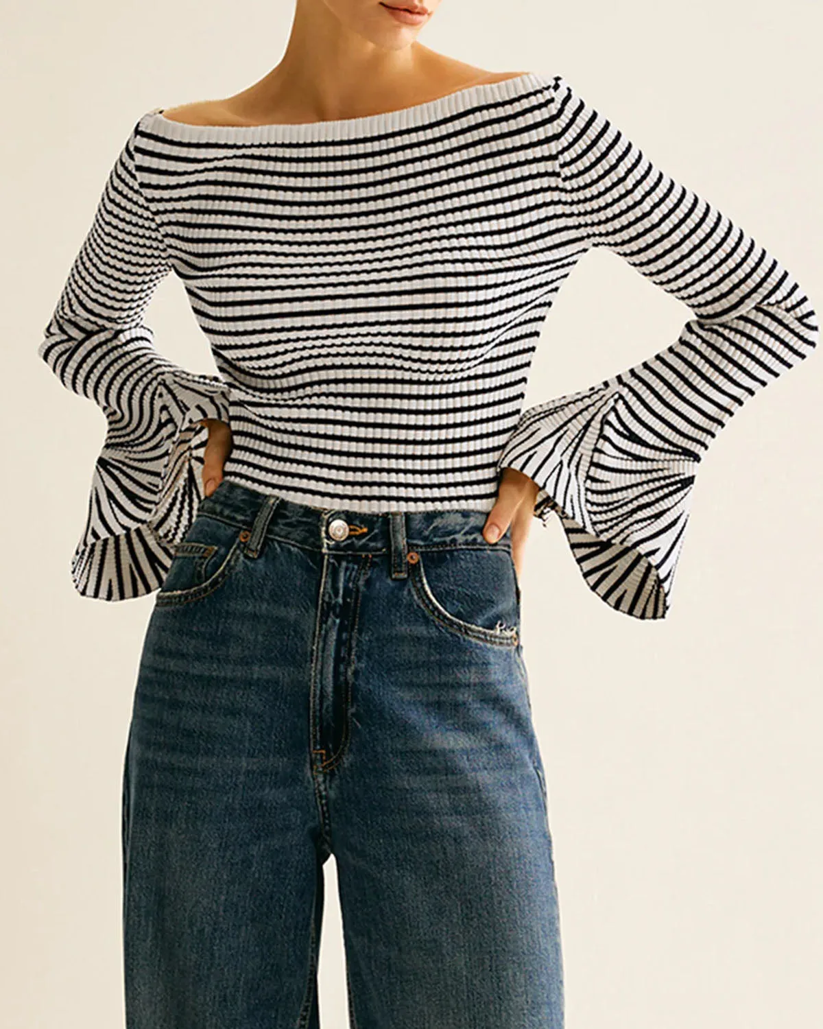 Black Striped Bell Sleeve Tee sold by rihoas