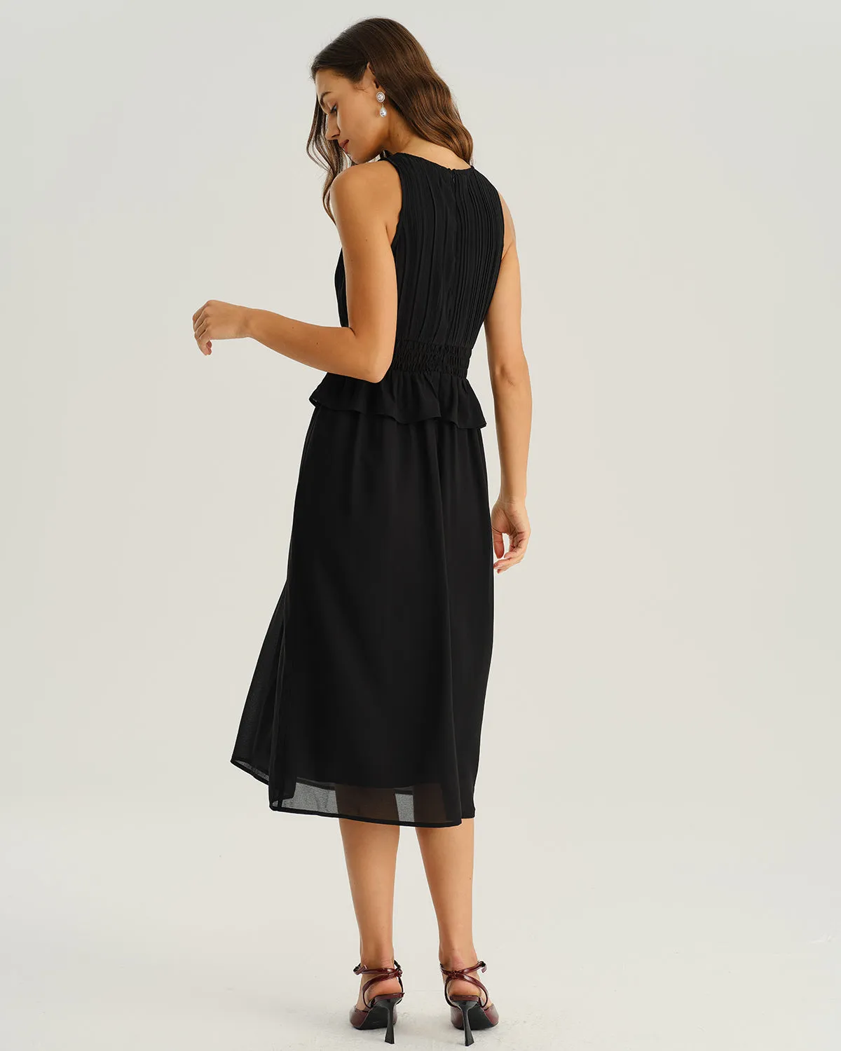 Black Round Neck A-Line Sleeveless Midi Dress sold by rihoas product image thumbnail 5