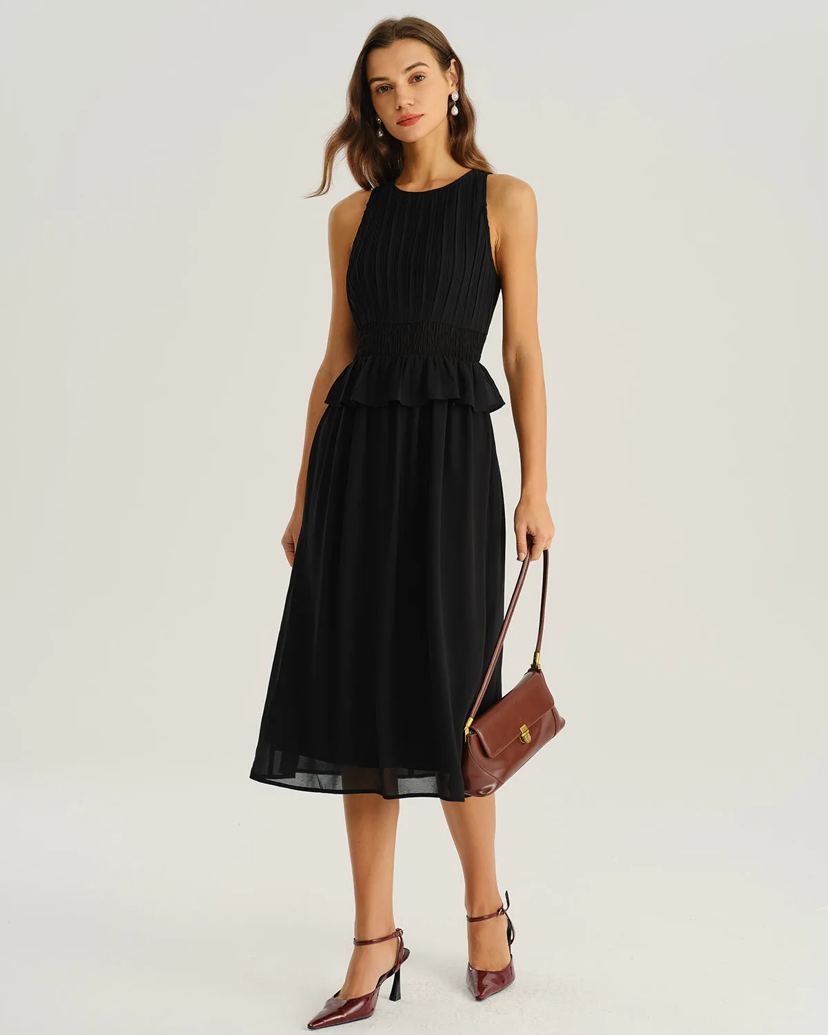 Black Round Neck A-Line Sleeveless Midi Dress sold by rihoas product image thumbnail 4