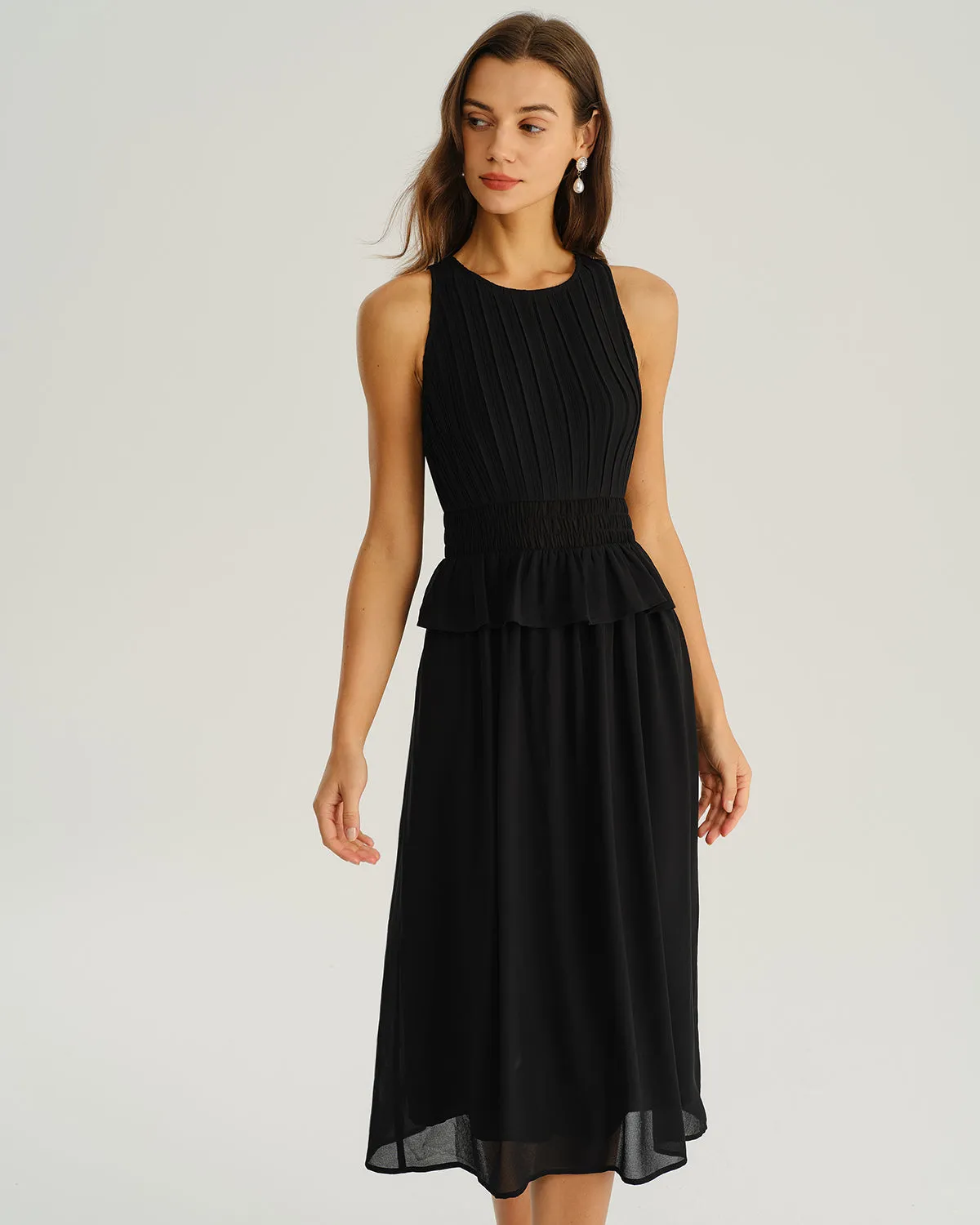 Black Round Neck A-Line Sleeveless Midi Dress sold by rihoas