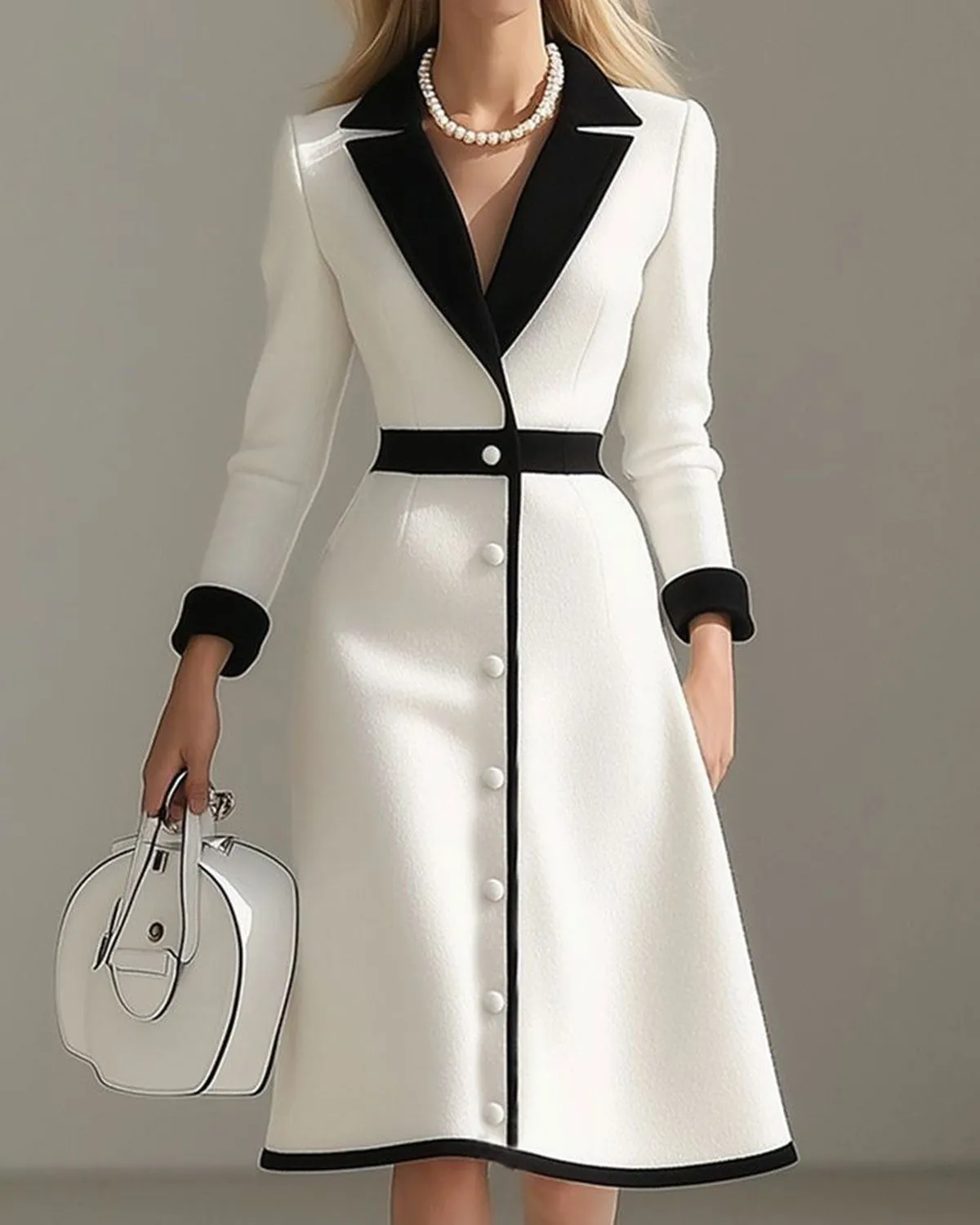 White Contrasting V Neck Button Midi Dress sold by rihoas
