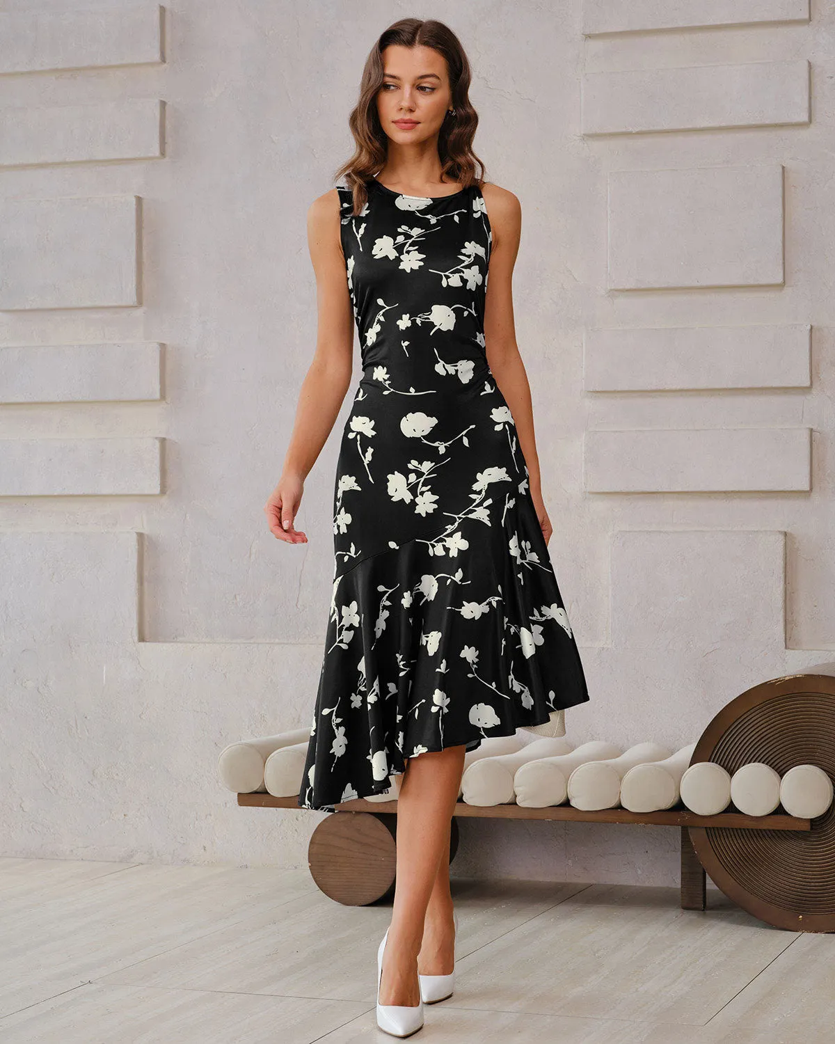 Black Floral Mermaid Sleeveless Midi Dress sold by rihoas product image thumbnail 4