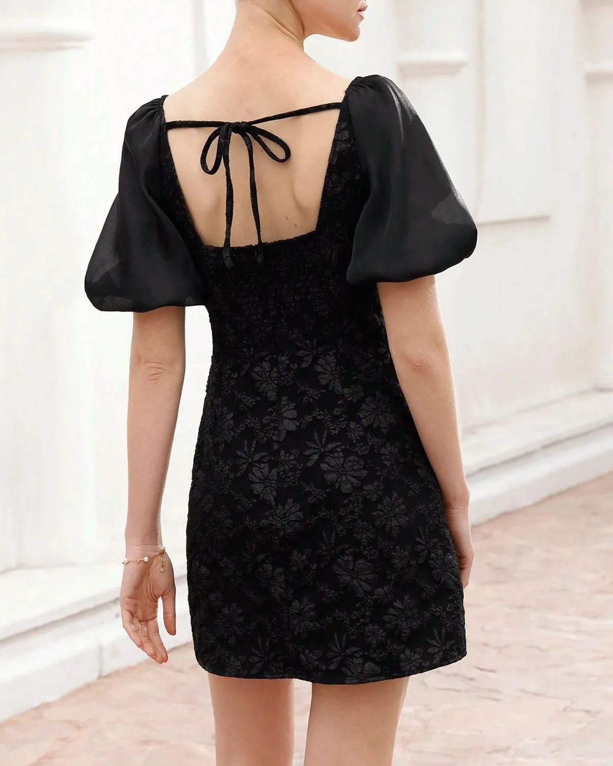 Black V Neck Shirred A-Line Mini Dress sold by rihoas product image thumbnail 3