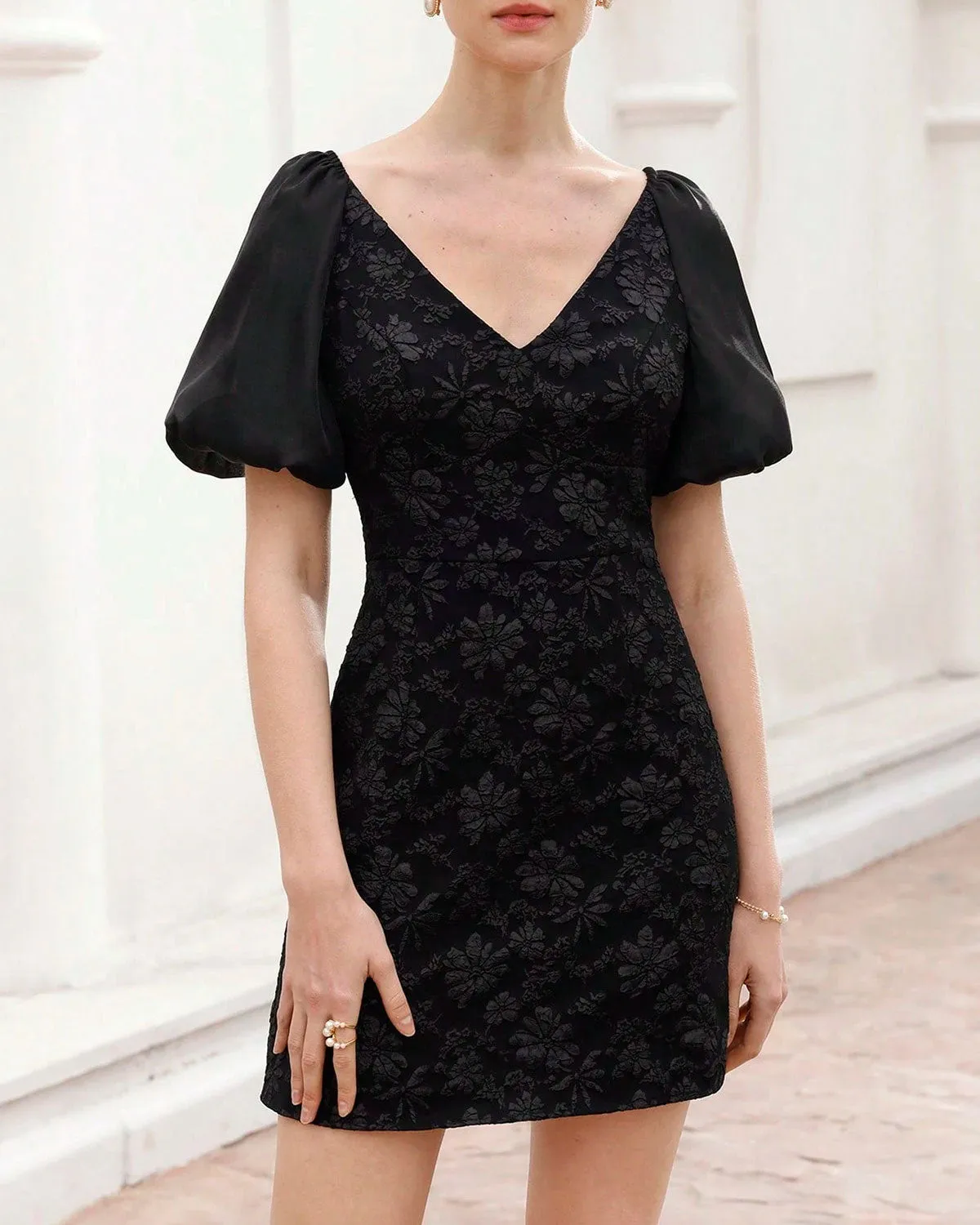 Black V Neck Shirred A-Line Mini Dress sold by rihoas product image thumbnail 2