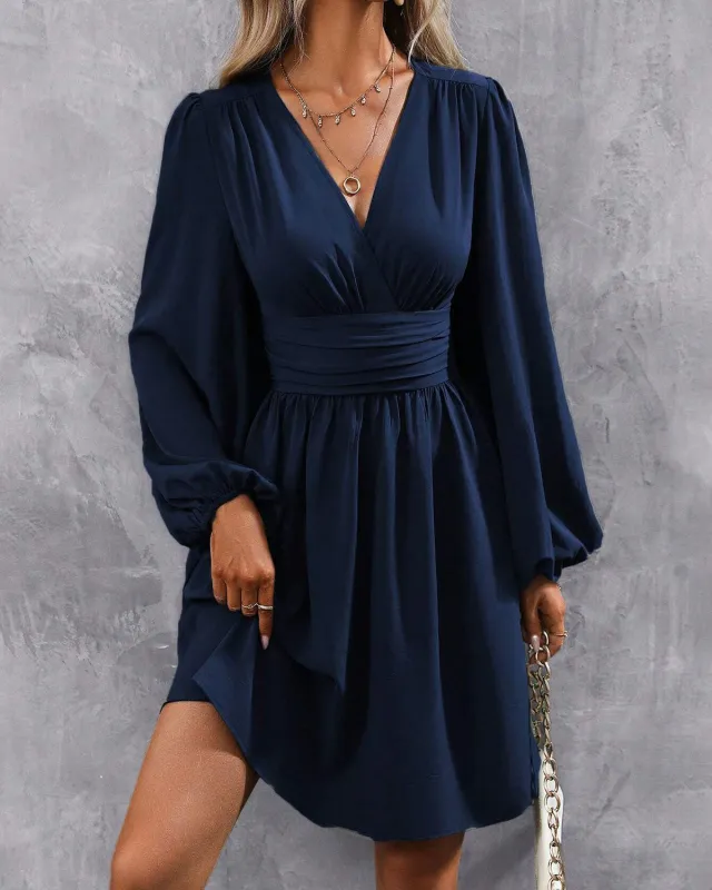 Blue V Neck Shirred A-Line Mini Dress sold by rihoas